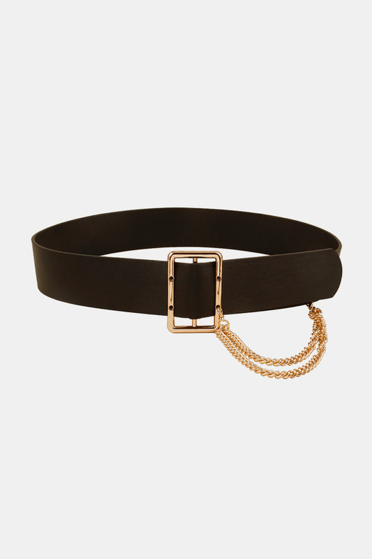 PU Leather Wide Belt with Chain Black One Size - Fashorio