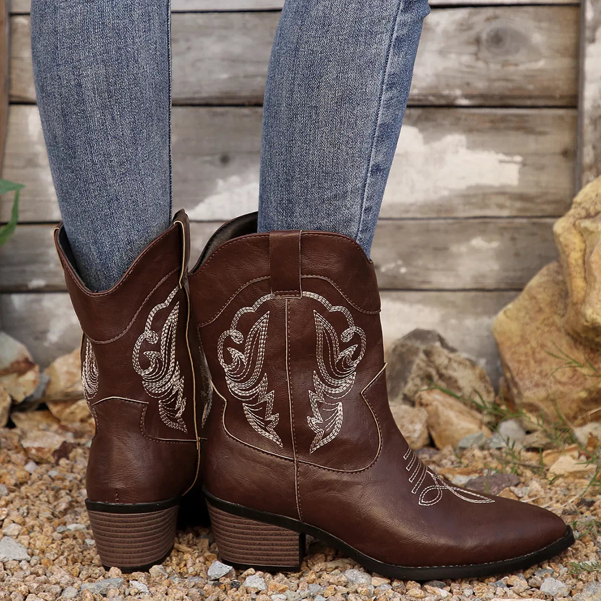 Western Cowboy Boots with Embroidered Design styled with a dress