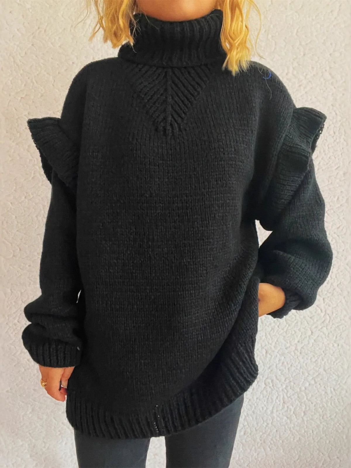 Ruffled turtleneck long sleeve sweater side view