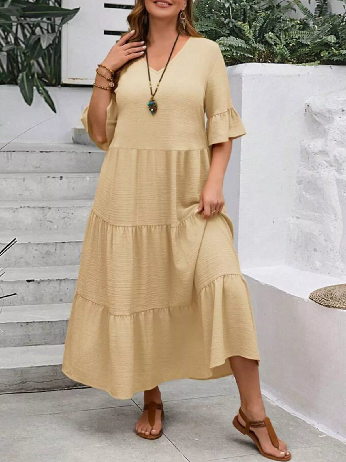 Plus Size Ruffle Sleeve Tiered Midi Dress, view 5