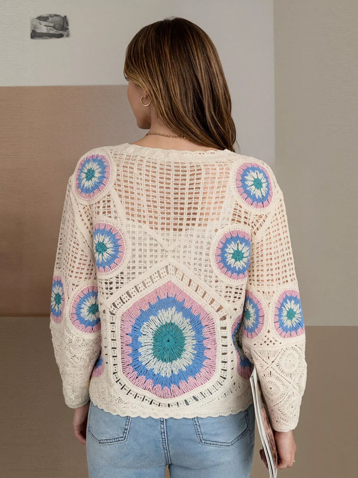 Crochet v neck knit cover up, side view