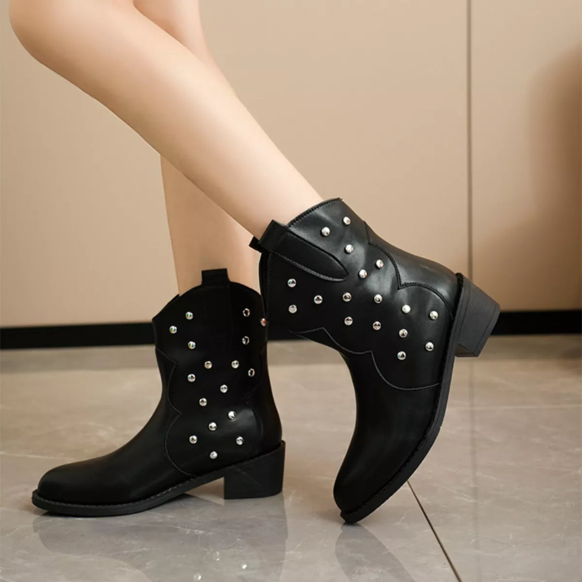 Studded western ankle boots back view