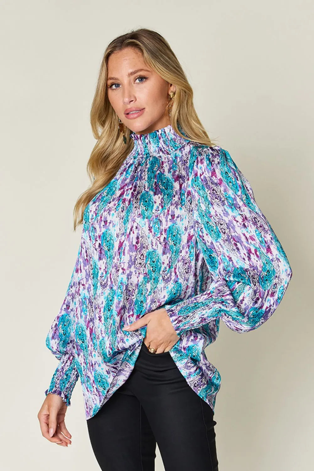 Side view of the printed long sleeve blouse