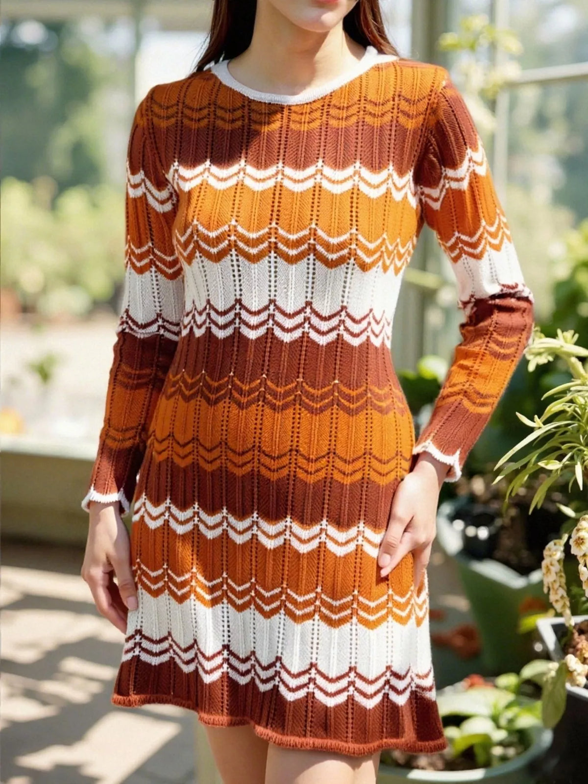openwork wave pattern knit sweater dress fabric detail