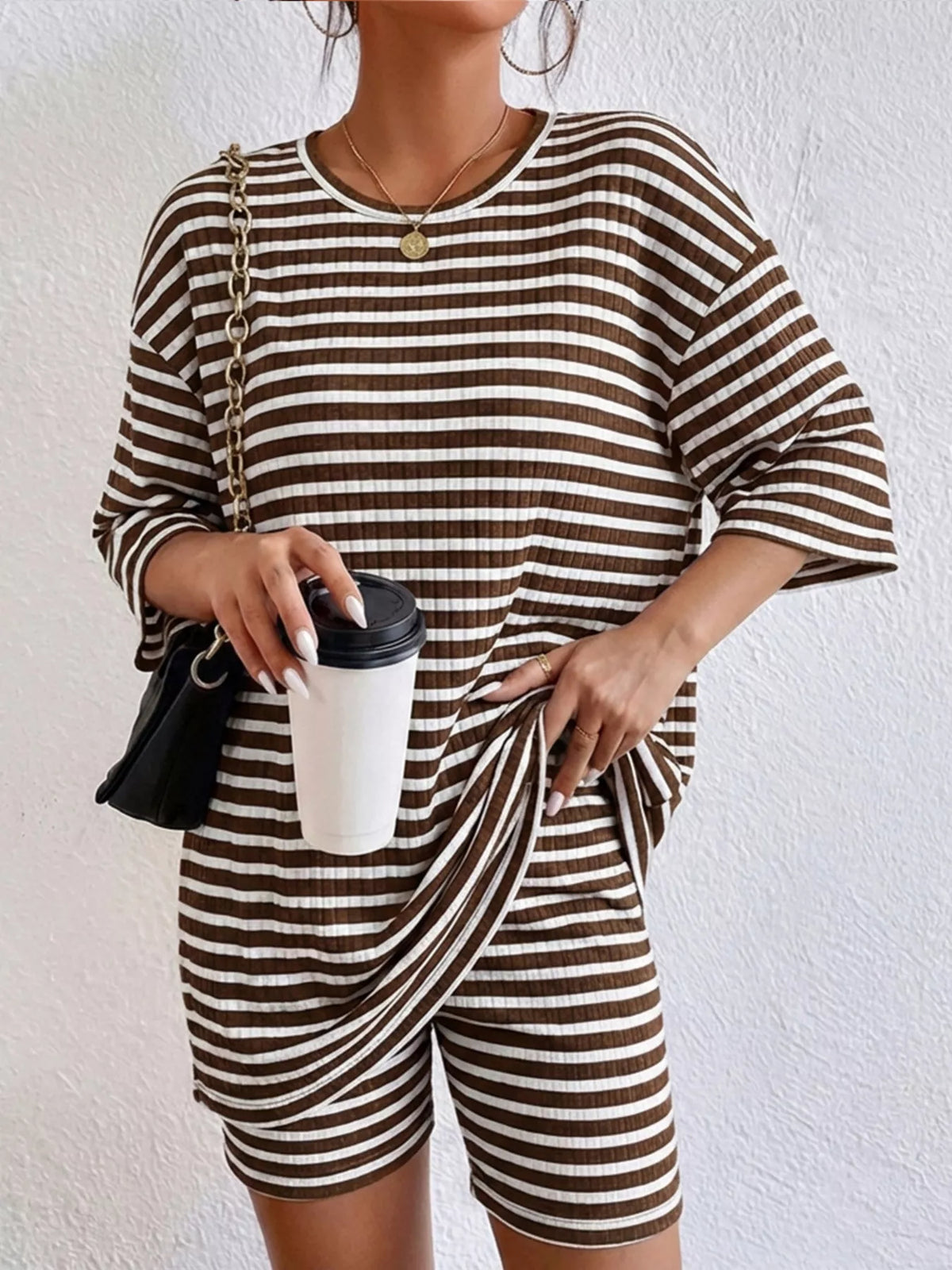 Striped Round Neck Top and Shorts Set, view 16