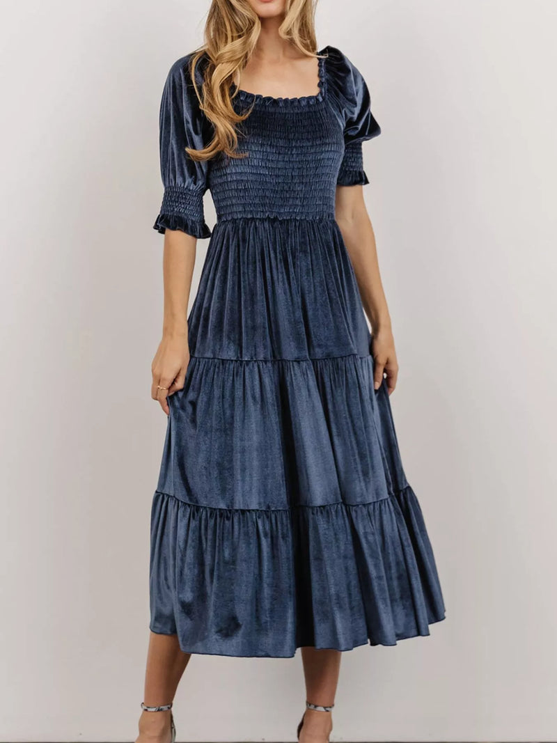 Velvet smocked tiered midi dress, front view