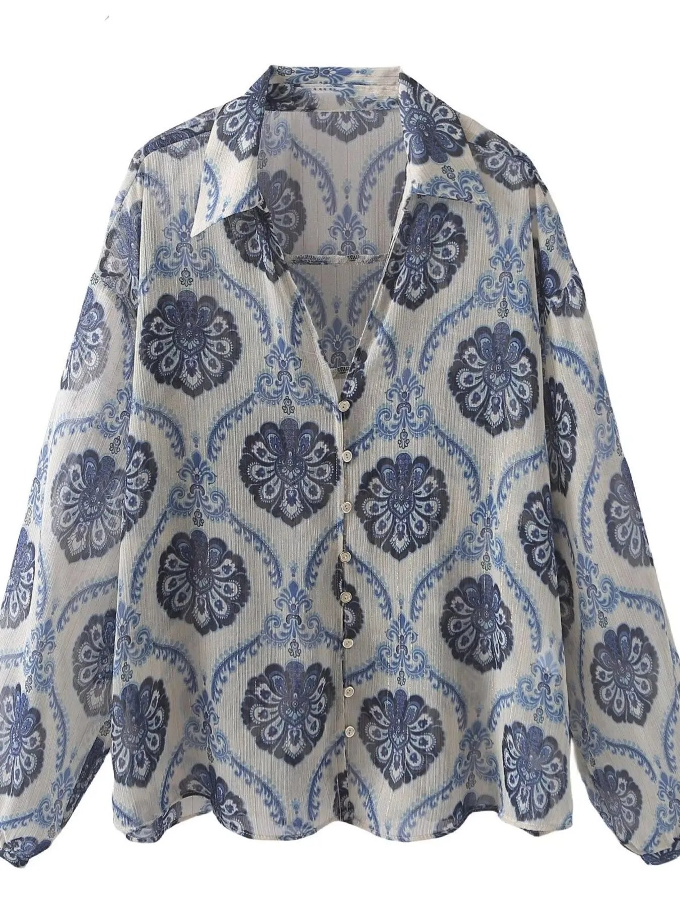 Printed Button Up Long Sleeve Dress Dusty Blue - Fashorio