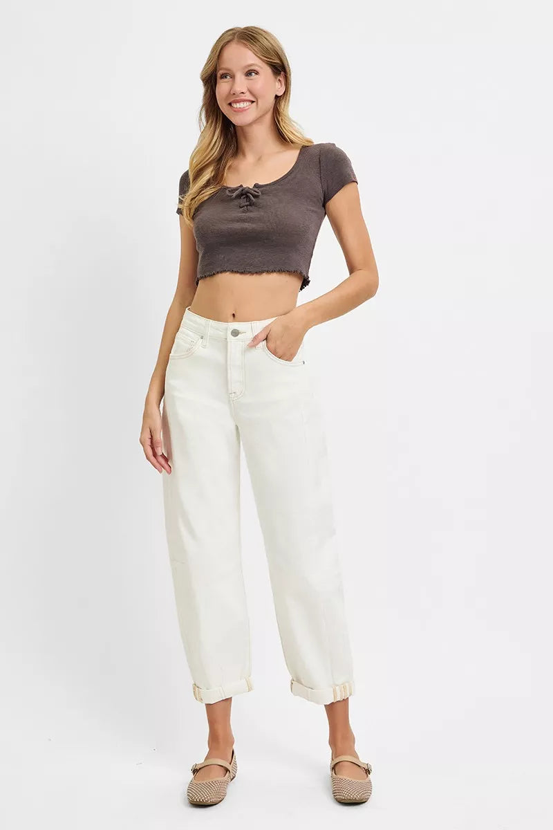 RISEN cream barrel jeans styled look