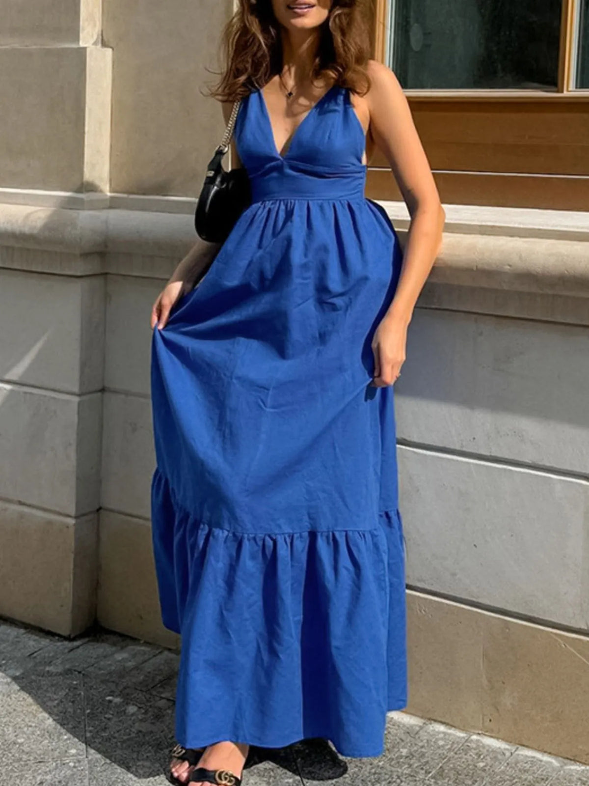 V Neck Tiered Cami Maxi Dress full length view