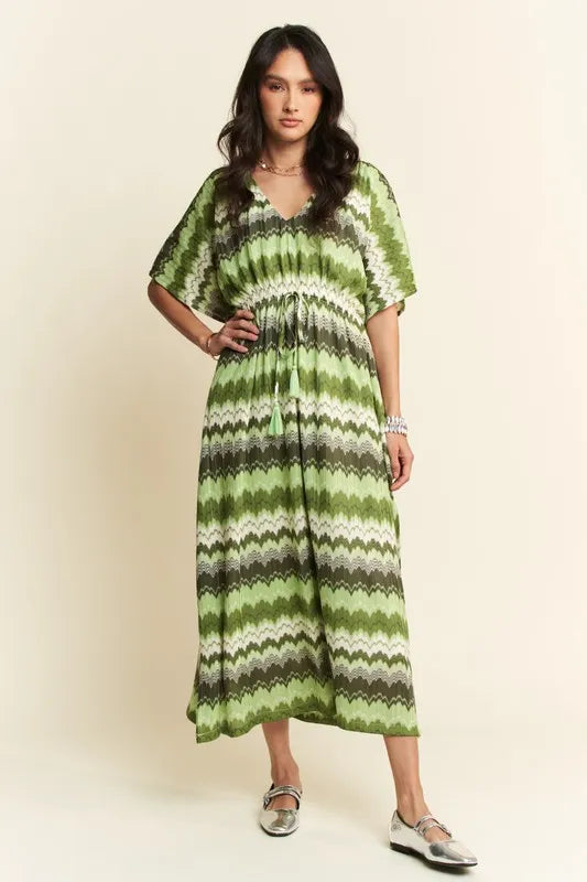 Wavy Print Tie Waist Flowy Dress in Sage