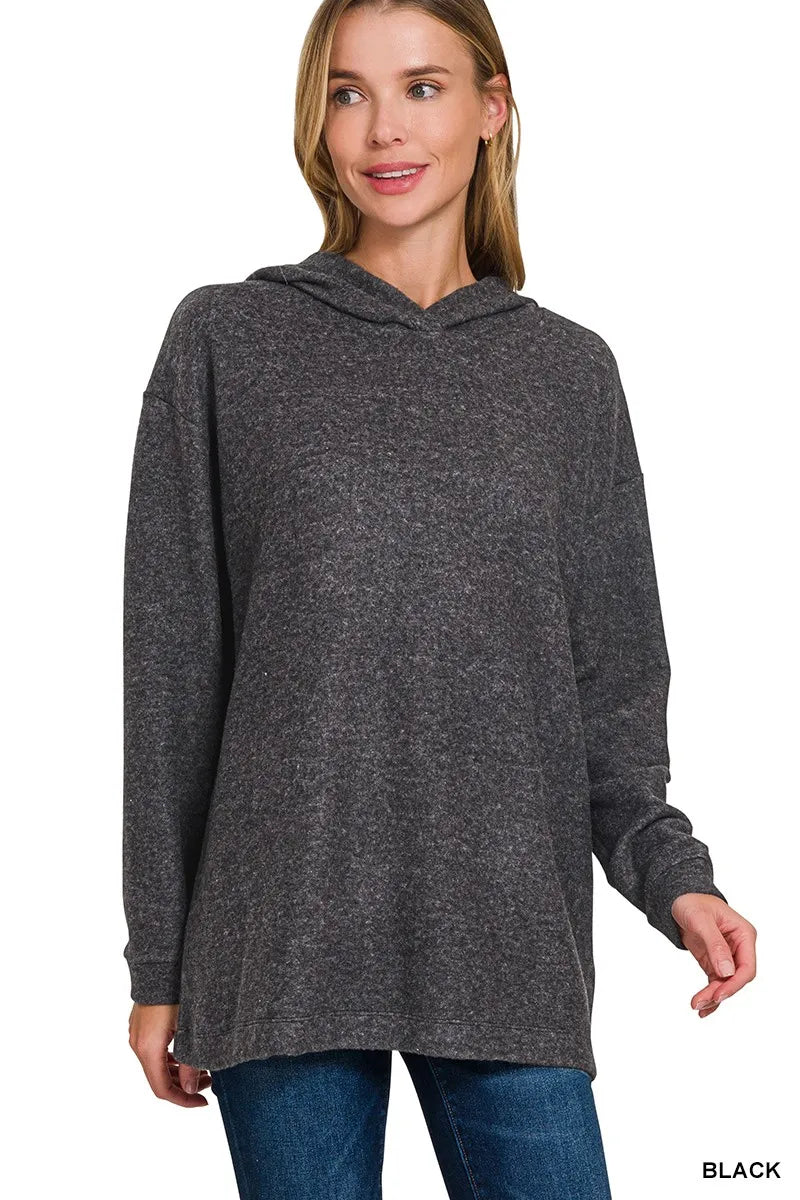 Black hooded brushed pullover sweater front view