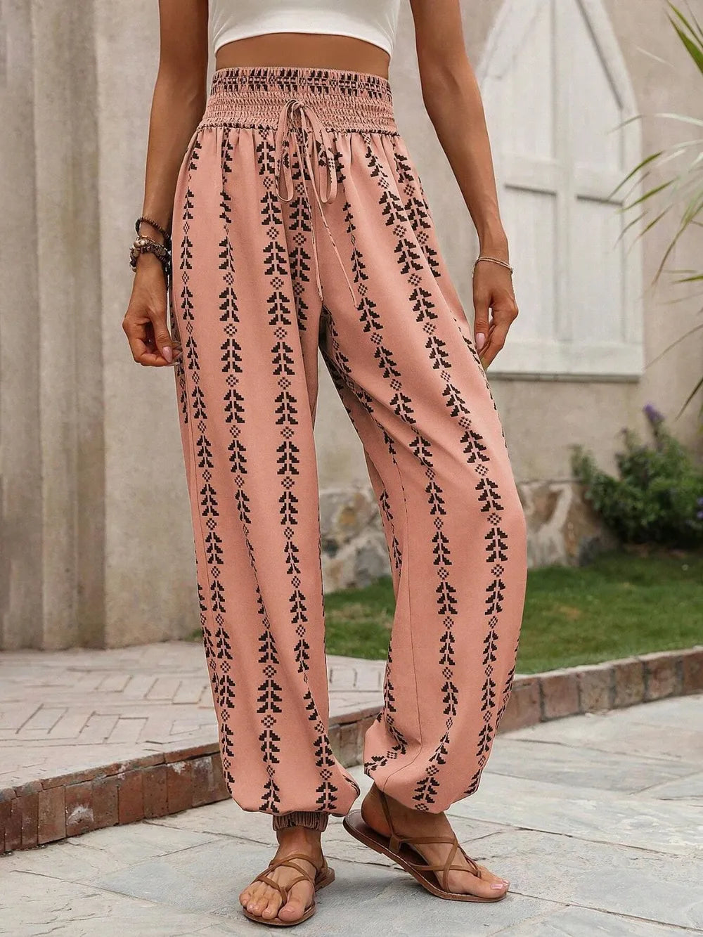 Tie waist printed high waist pants styled outfit