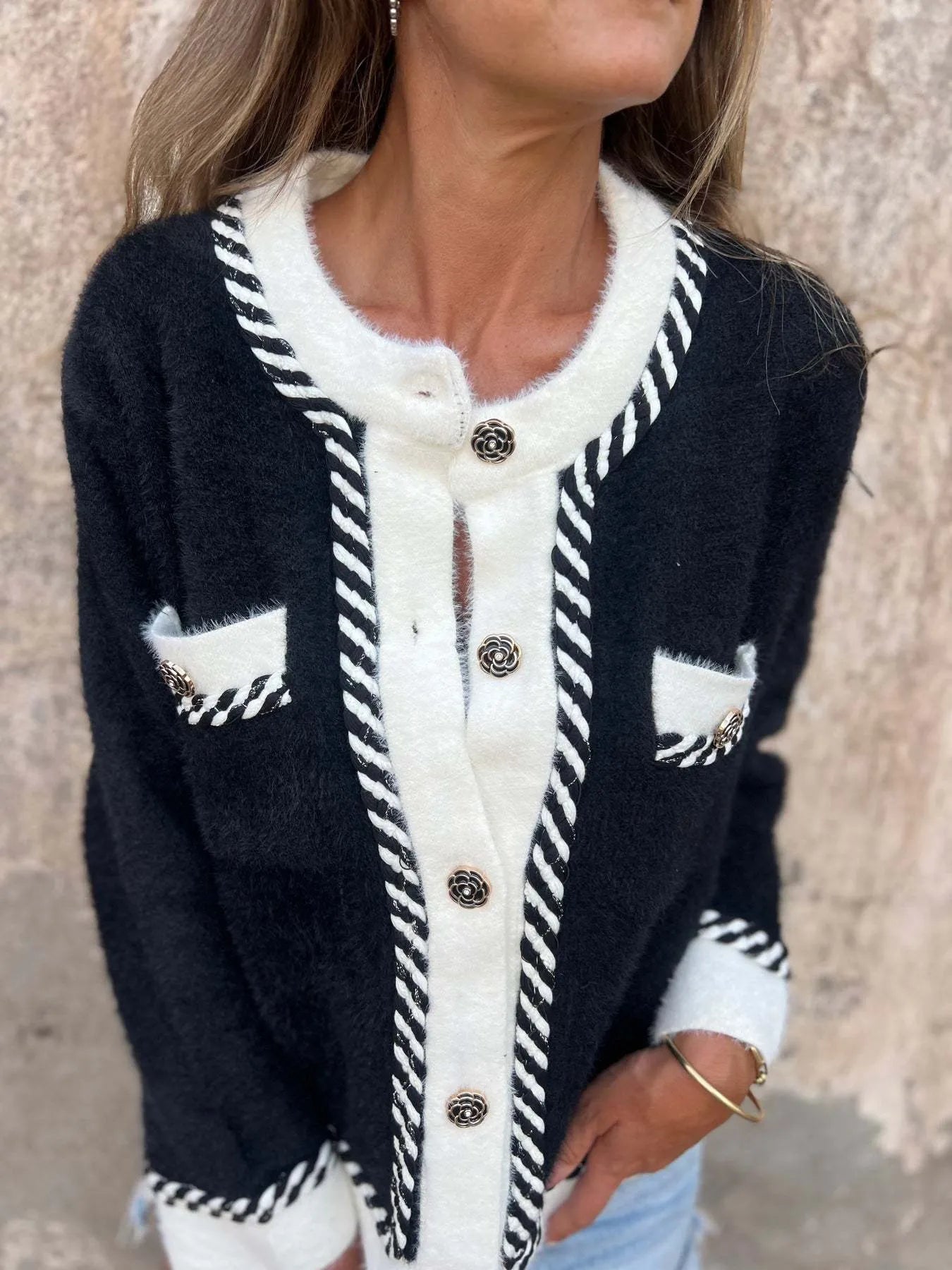 Contrast Trim Button Up Cardigan - Fashorio