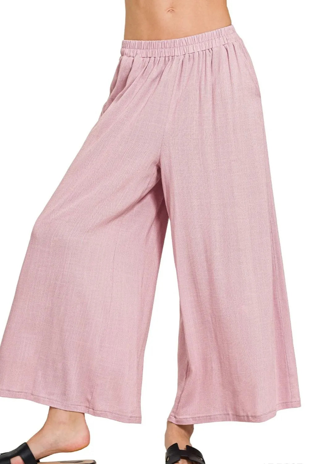 Zenana Woven Elastic Band Pants With Pocket - Fashorio