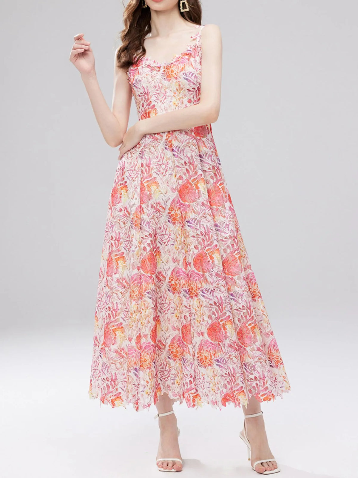 Floral Lace Sleeveless V Neck Midi Dress back view 23