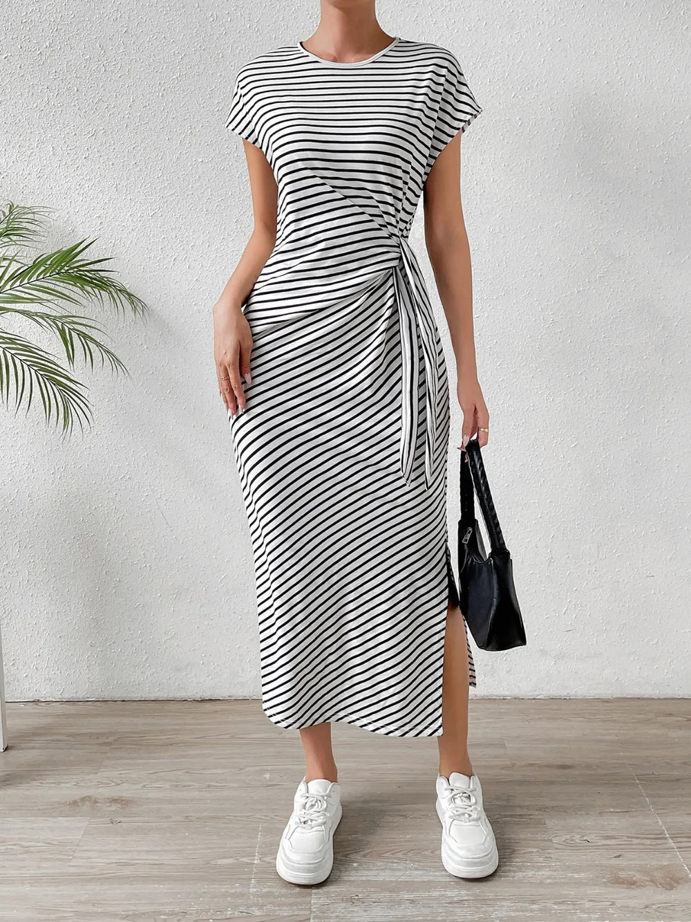 striped round neck short sleeve tee dress flat lay