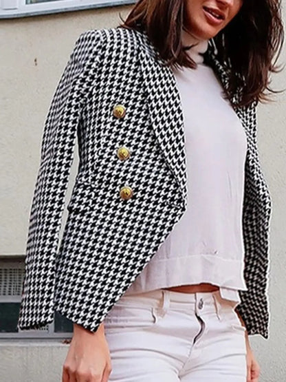 Lapel Collar Long Sleeve Blazer Houndstooth - Fashorio