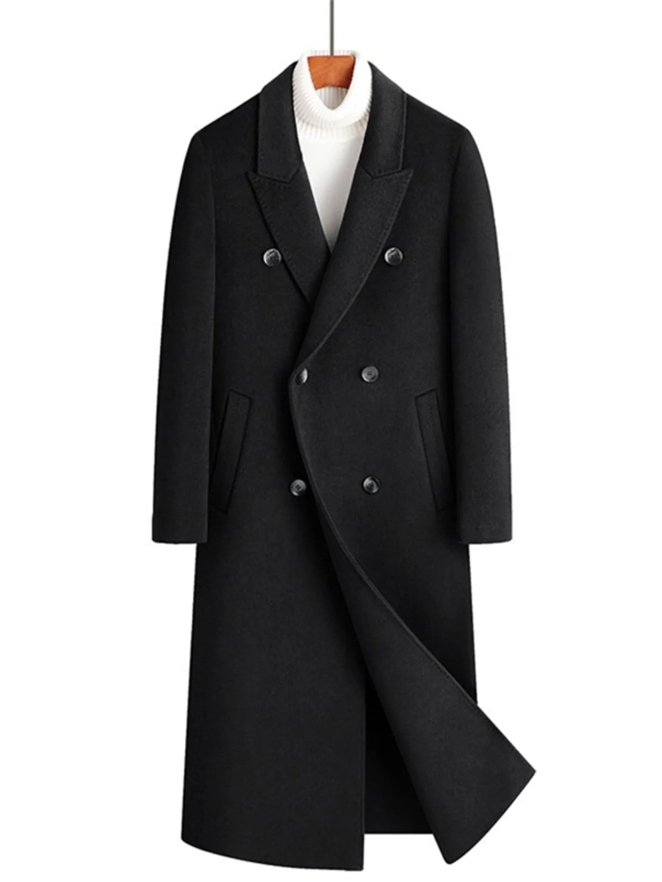 Men's Plus Size Double-Breasted Long Wool Coat Black - Fashorio