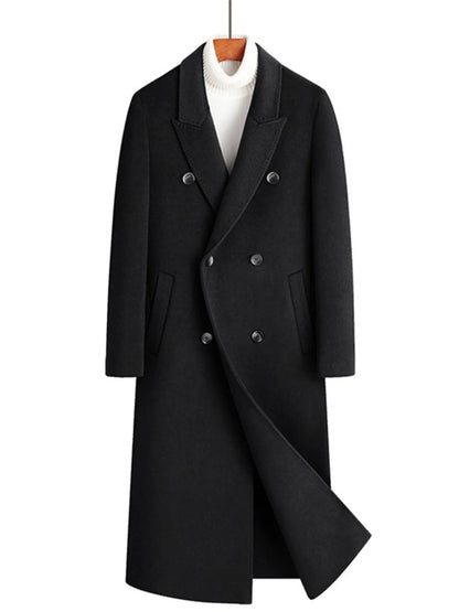 Men's Plus Size Double-Breasted Long Wool Coat Black - Fashorio