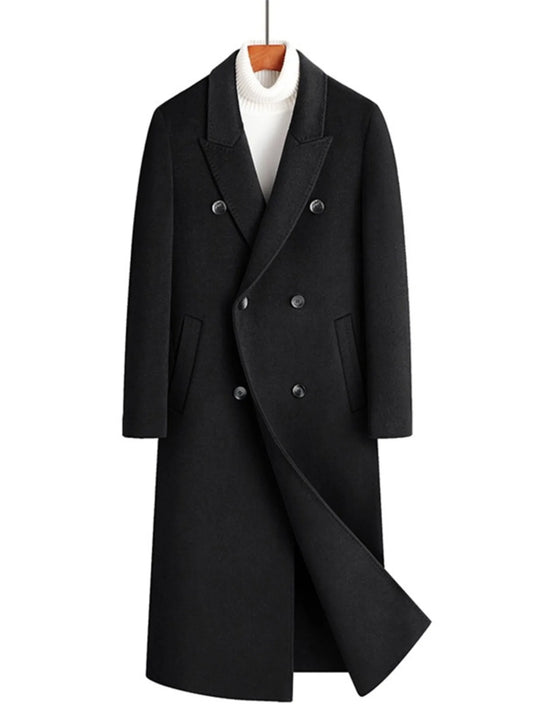 Men's Plus Size Double-Breasted Long Wool Coat Black - Fashorio