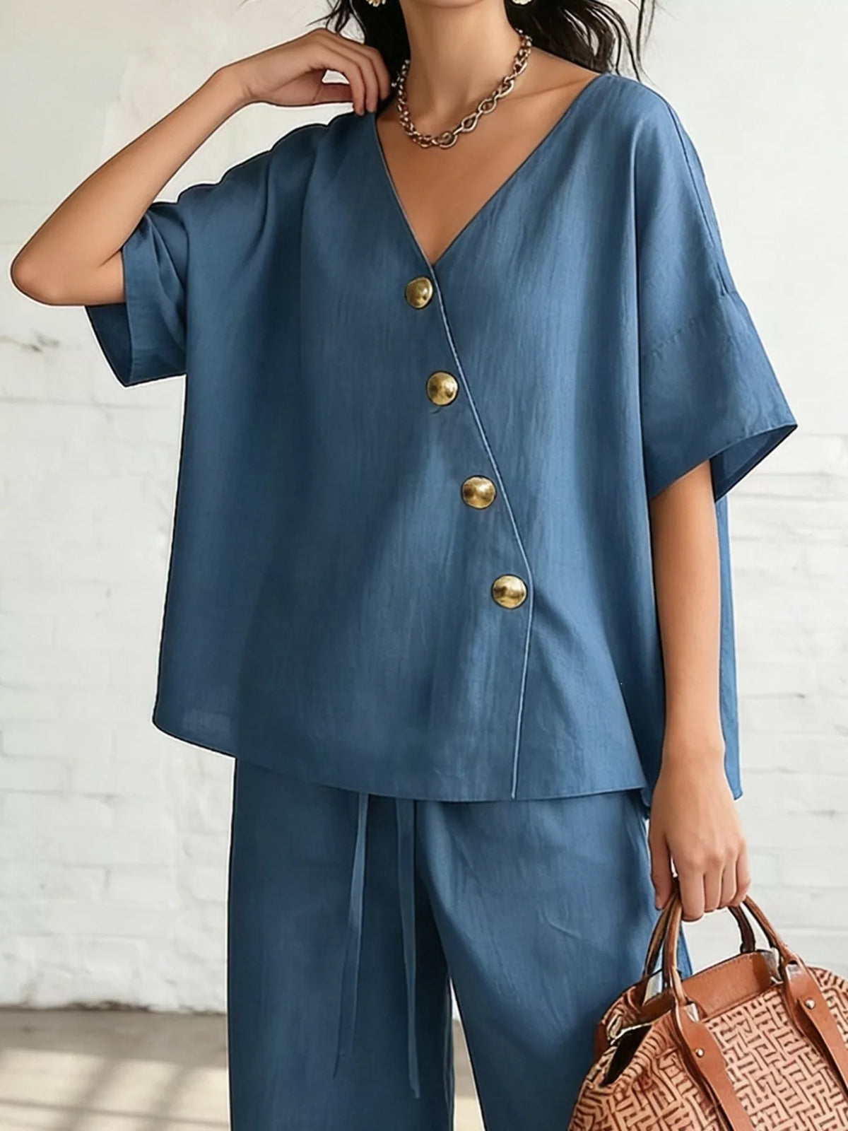 Front view of the two piece set showing the surplice neckline