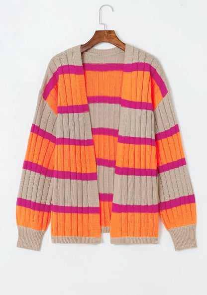 Contrast Striped Drop Shoulder Open Front Cardigan - Fashorio