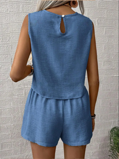 Round Neck Sleeveless Top and Shorts Set - Fashorio