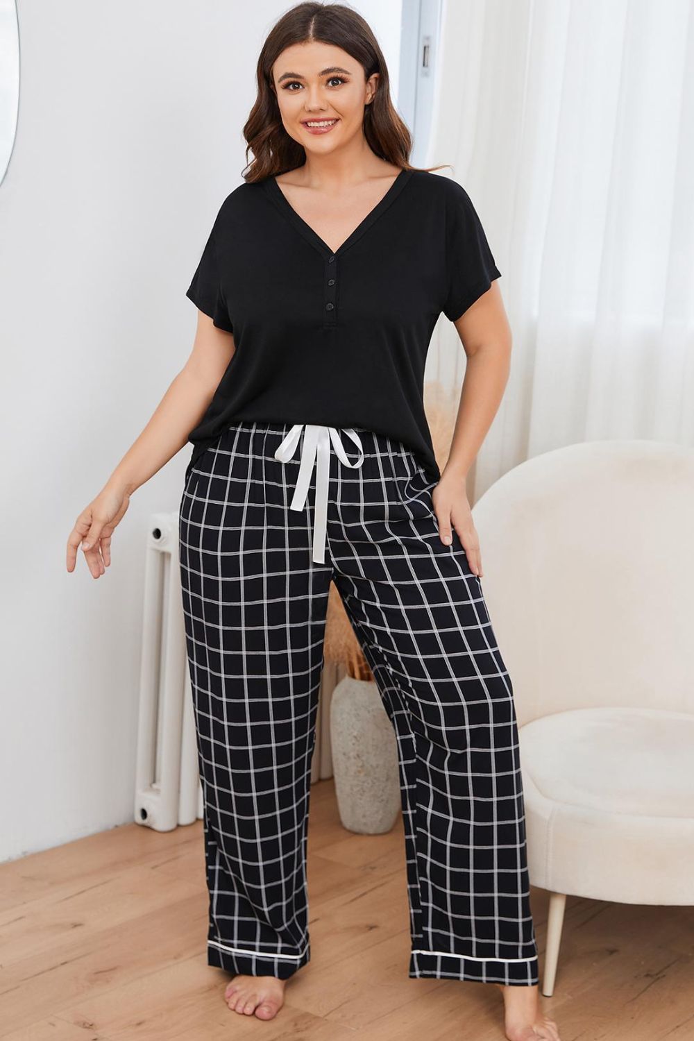 Plus Size V-Neck Top and Plaid Pants Lounge Set - Fashorio