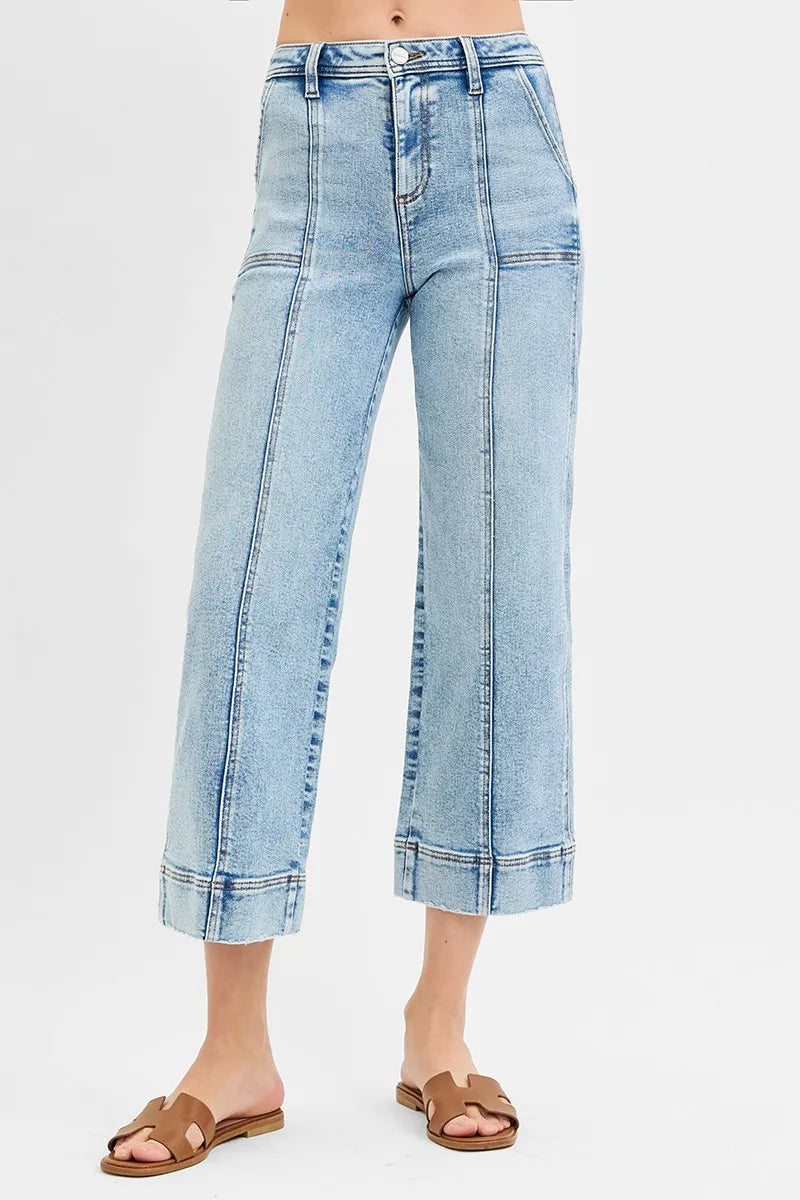 RISEN Full Size High Rise Crop Wide Front Seam Detailed Jeans Plus Size - Fashorio