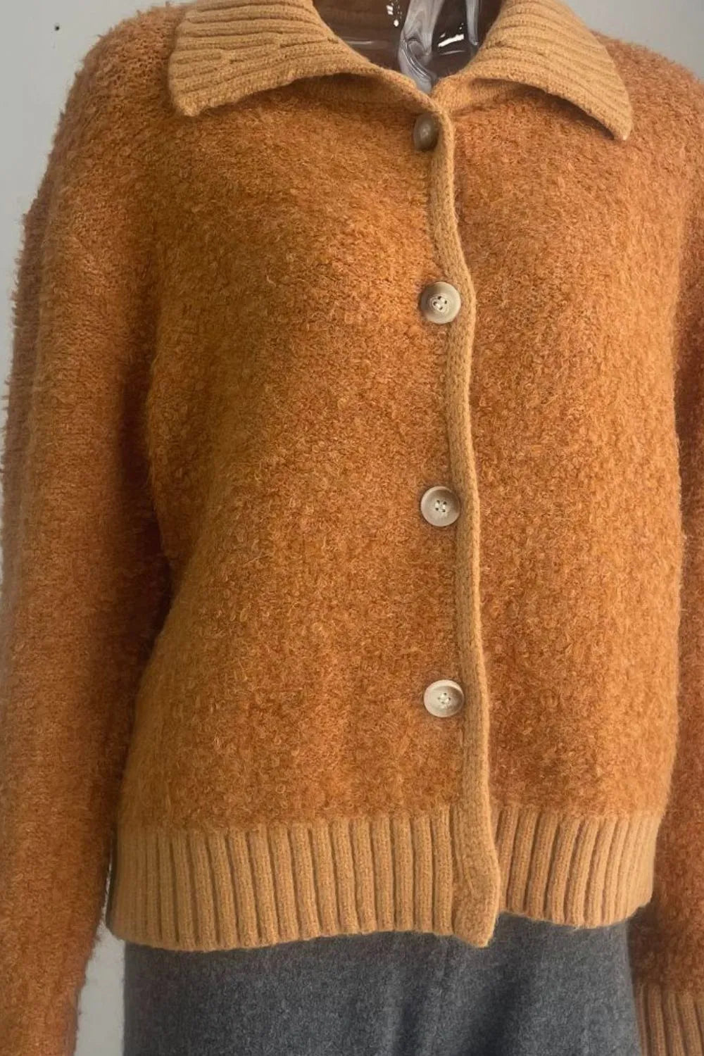 Collared Neck Button Down Long Sleeve Cardigan - Fashorio