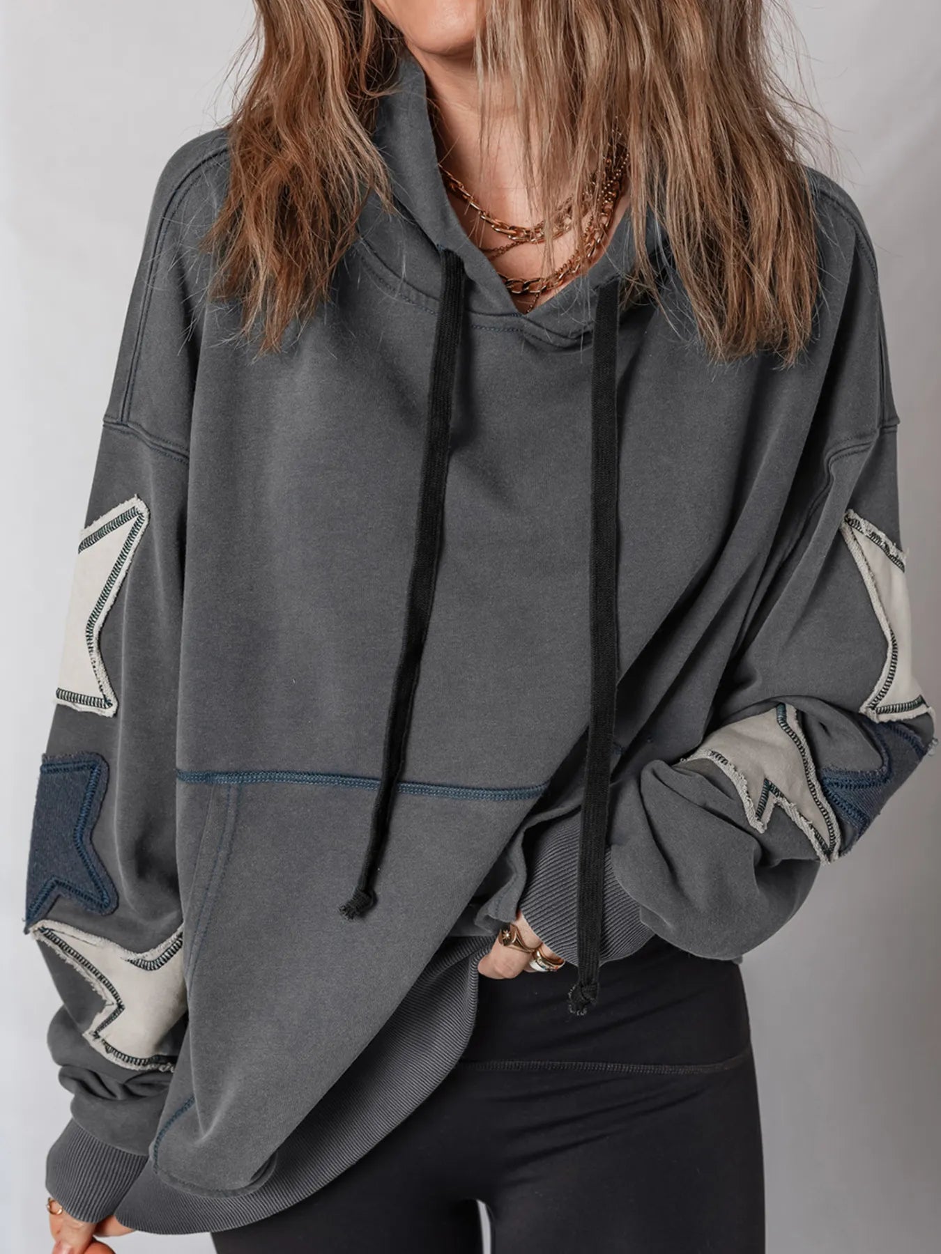 Star Patchwork Contrast Stitching Mineral Wash Kangaroo Pocket Hoodie - Fashorio