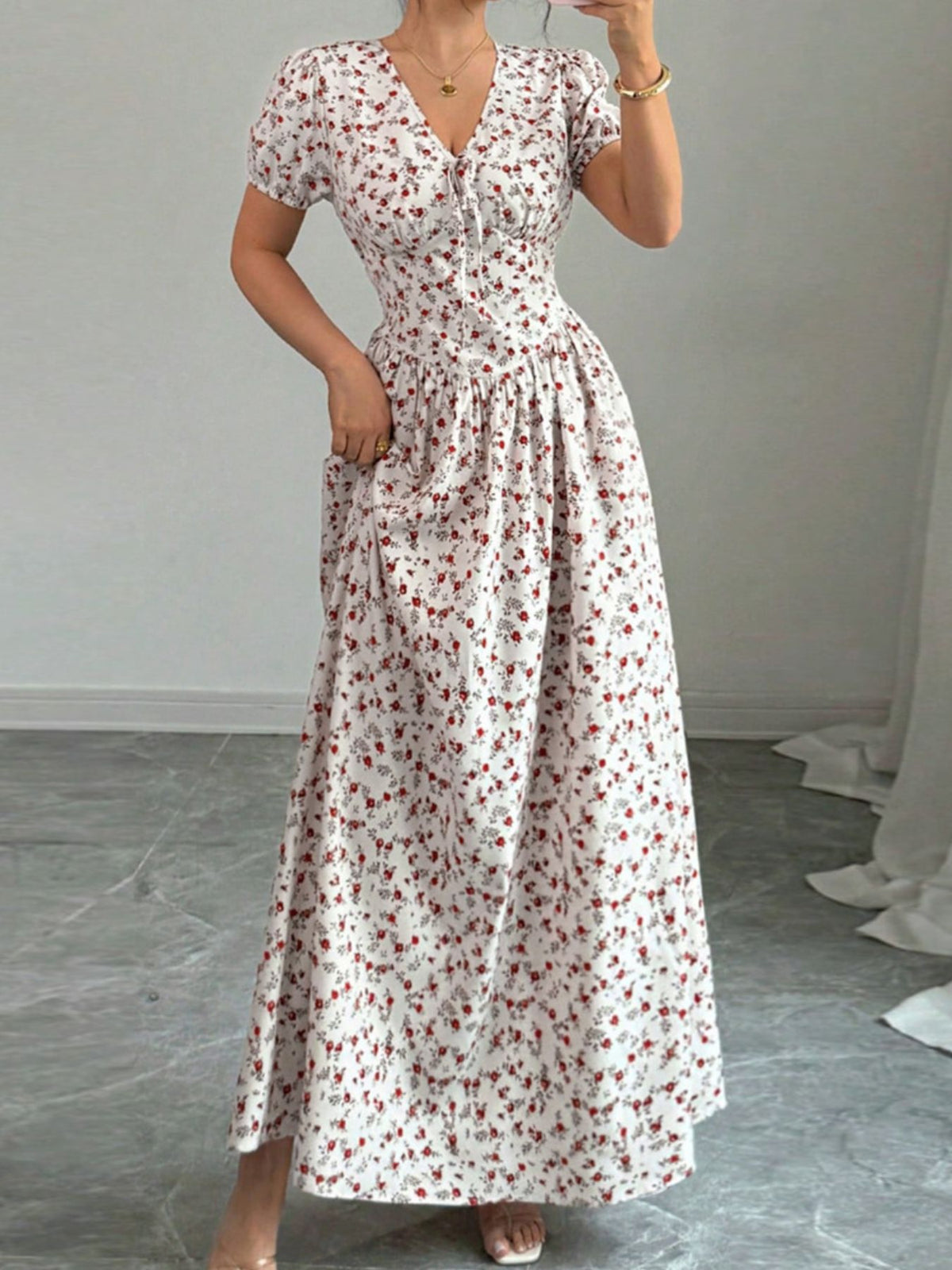 pink pink floral V neck smocked maxi dress full length view