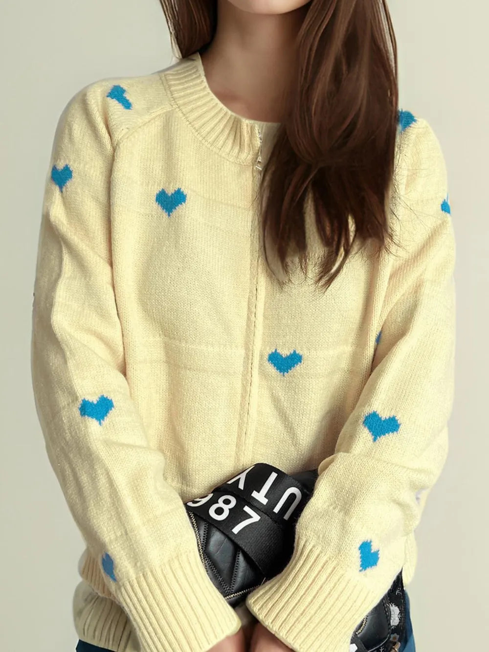 Heart Round Neck Zip Up Cardigan - Fashorio