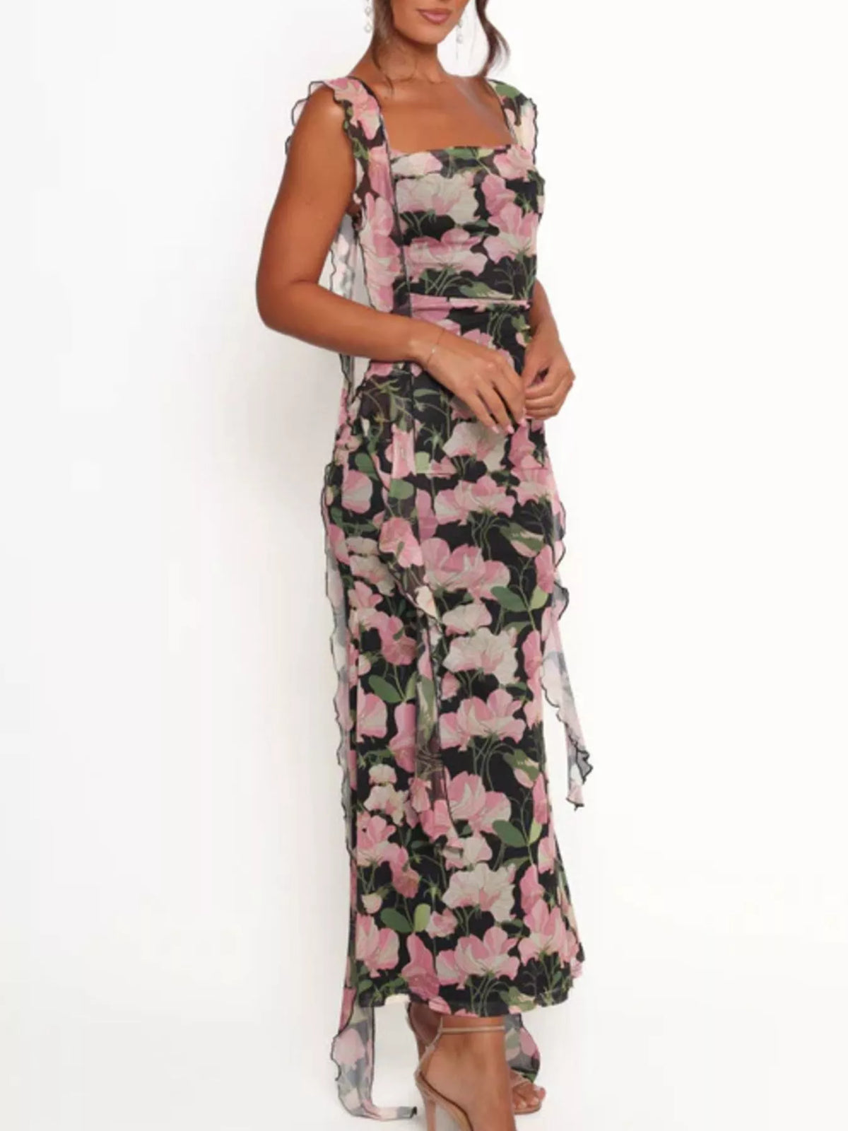 floral ruffle trim bodycon maxi dress styled look