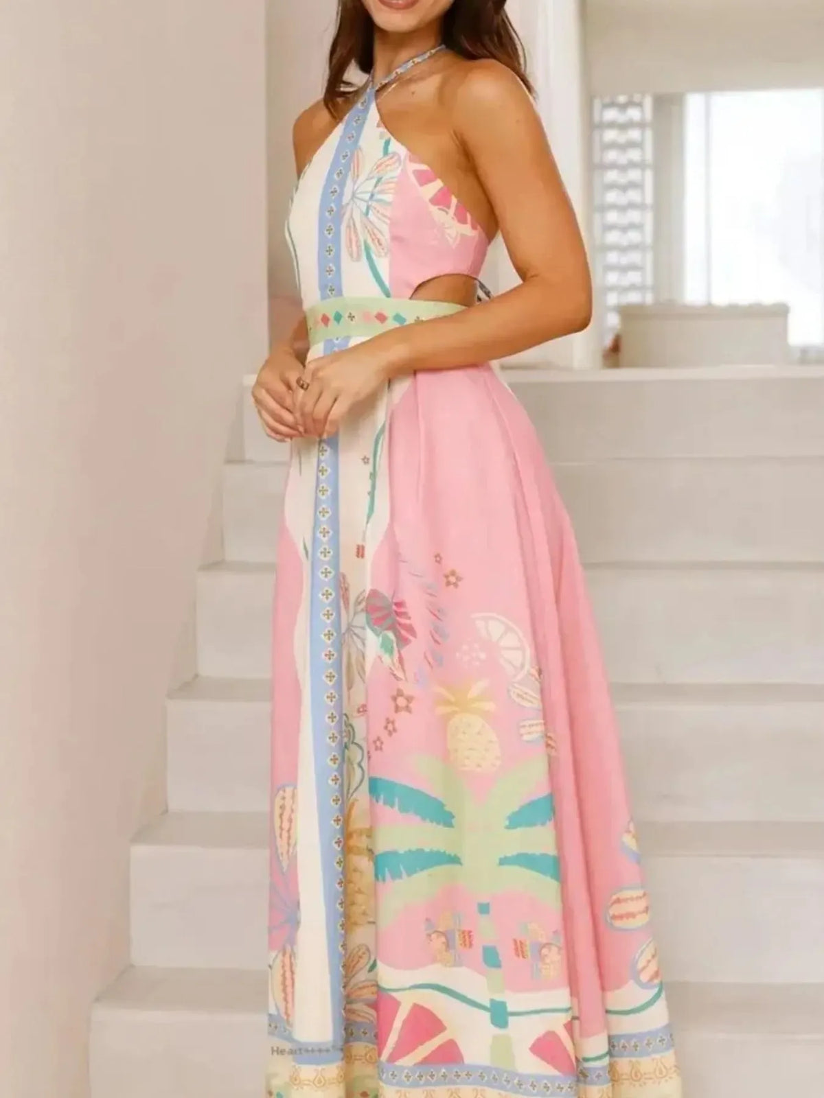Printed halter maxi dress full length styling