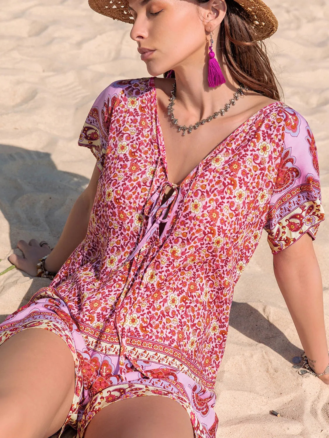 V neck romper tie waist detail