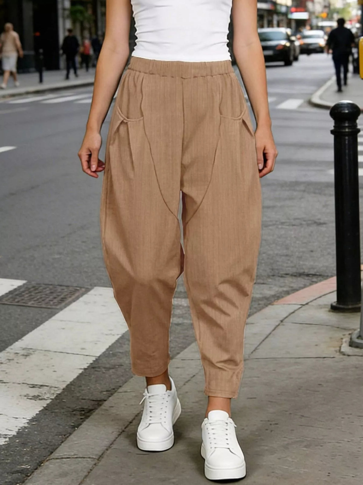 Plus size elastic waist harem pants, back view