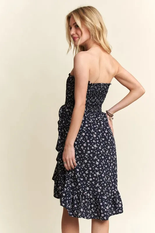 Smocked Floral Tube Dress with Pockets in Navy detail