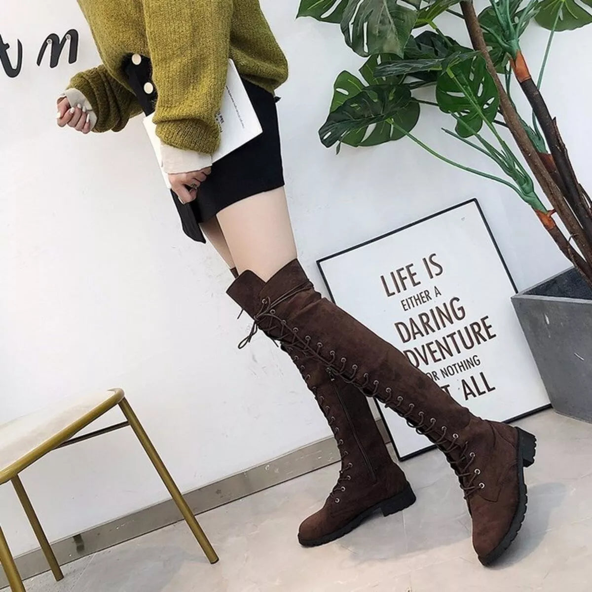 Lace up over the knee boots laces detail