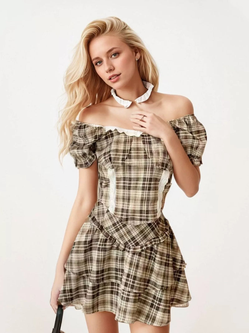Plaid puff sleeve top and skirt set front view