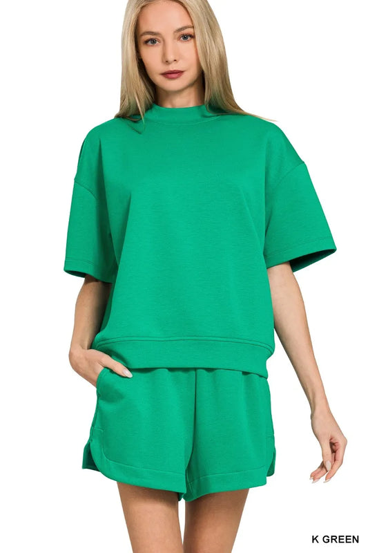Zenana Scuba Short Sleeve T-Shirt and Shorts Set K GREEN - Fashorio