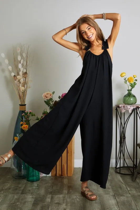 Elastic Ruffle Shoulder Jumpsuit
