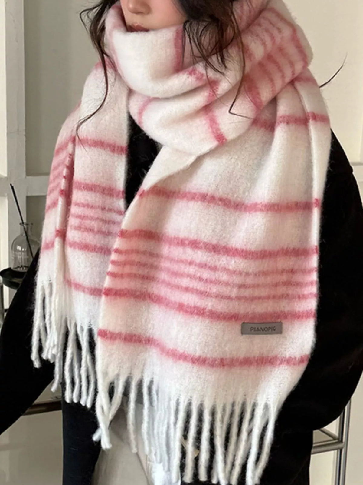 Full length view of the cozy striped fringe scarf