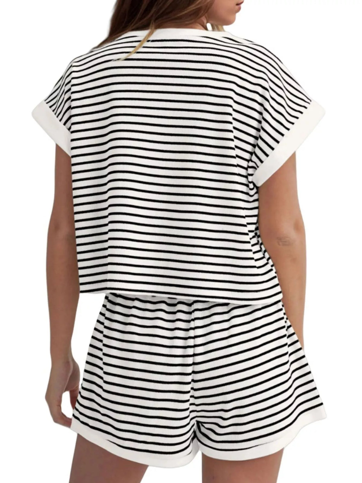 Coordinated striped round neck shorts set back view