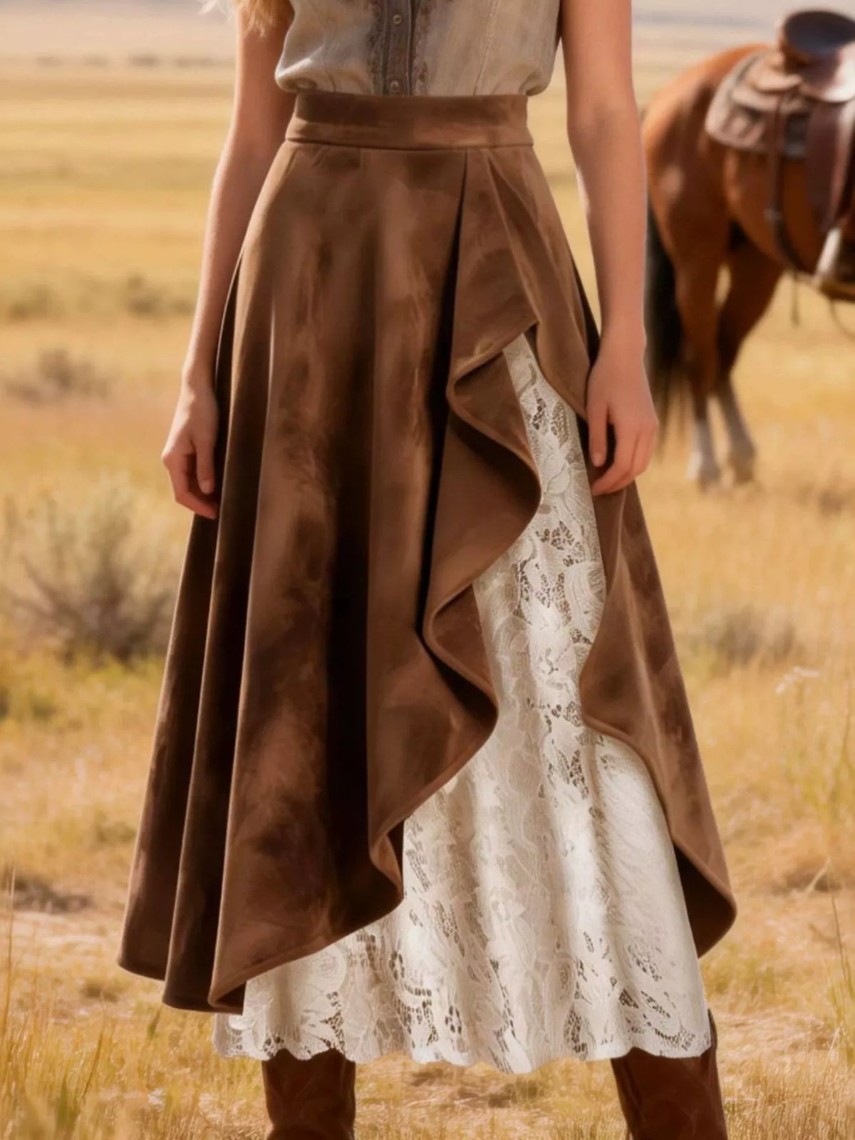 brown lace ruffle midi skirt back view