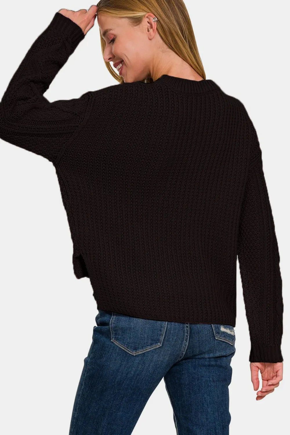 Cropped Cable Knit High Low Sweater in Black back view