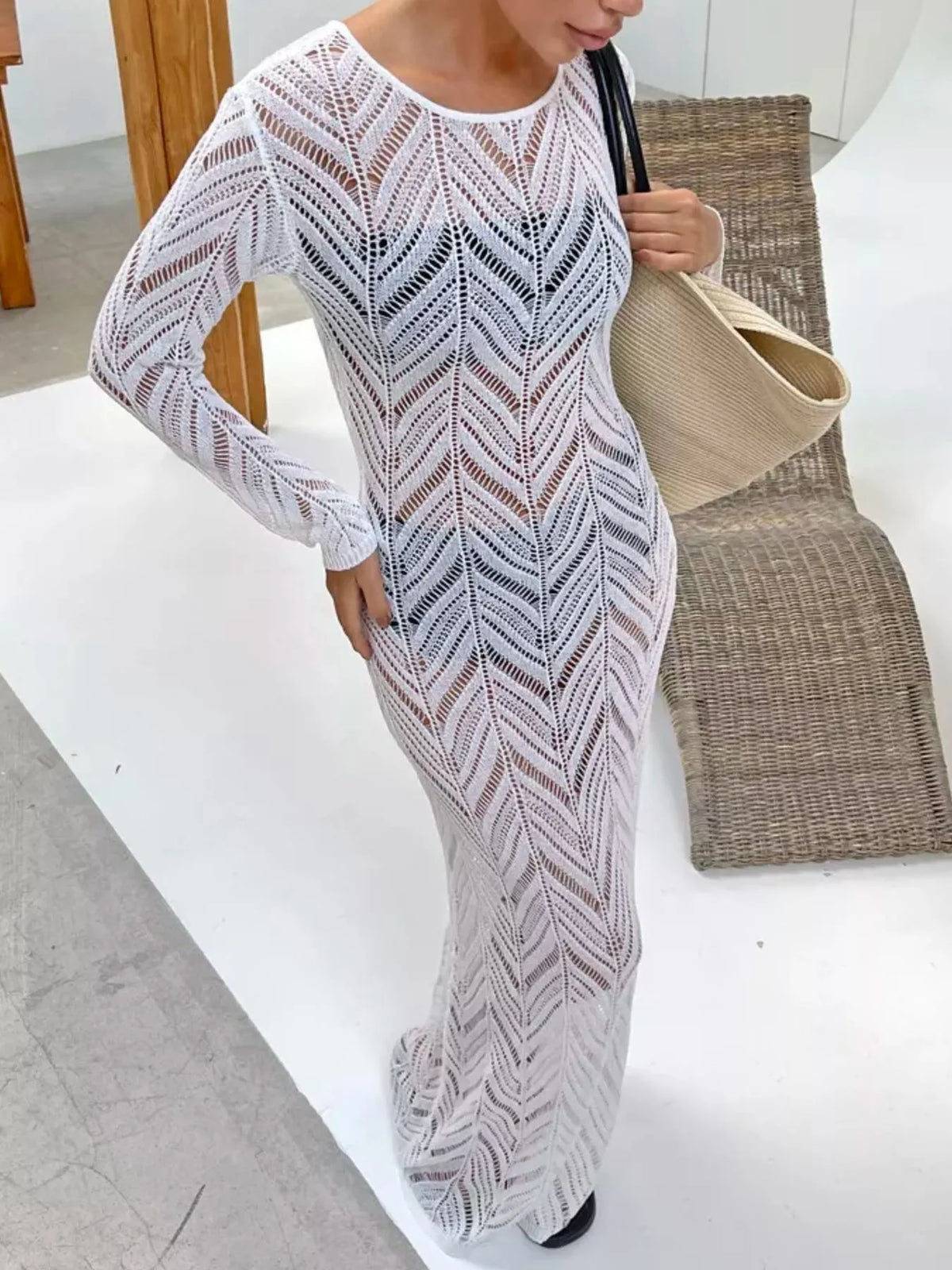 openwork knit long sleeve cover up maxi dress back view
