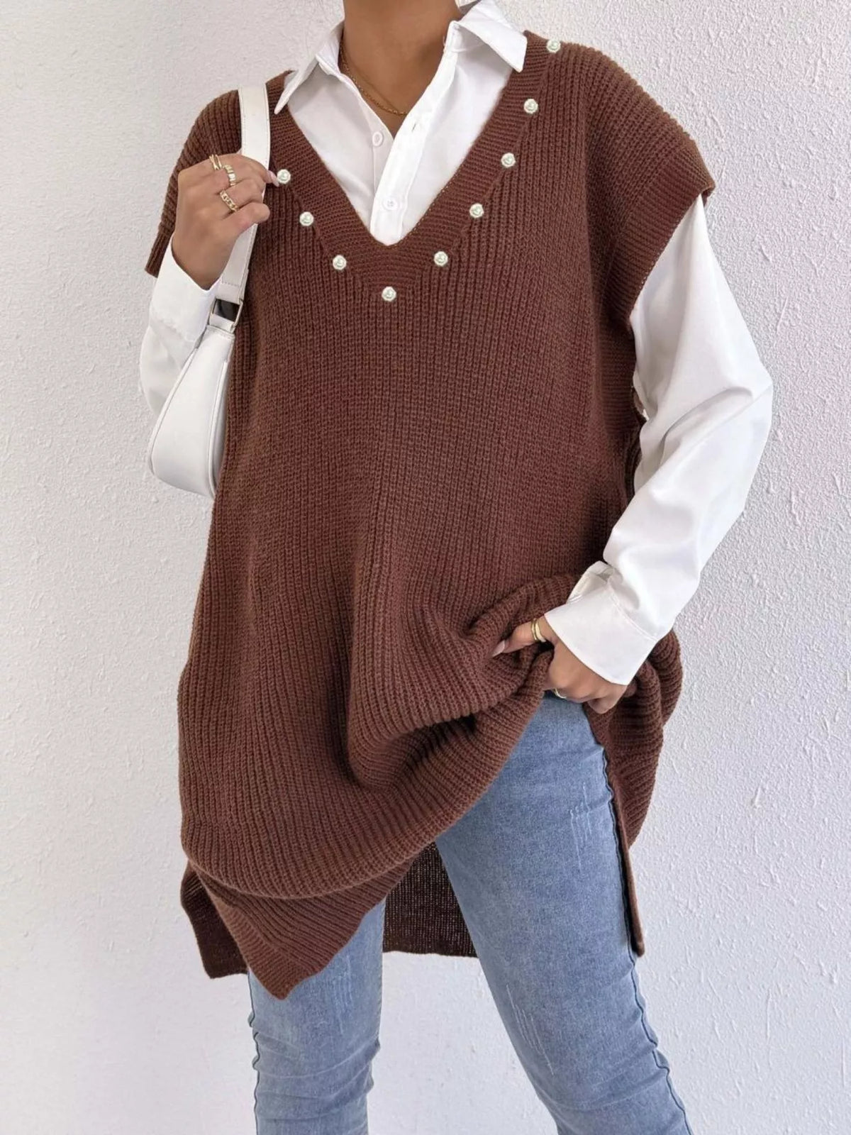slit v neck sweater dress back view