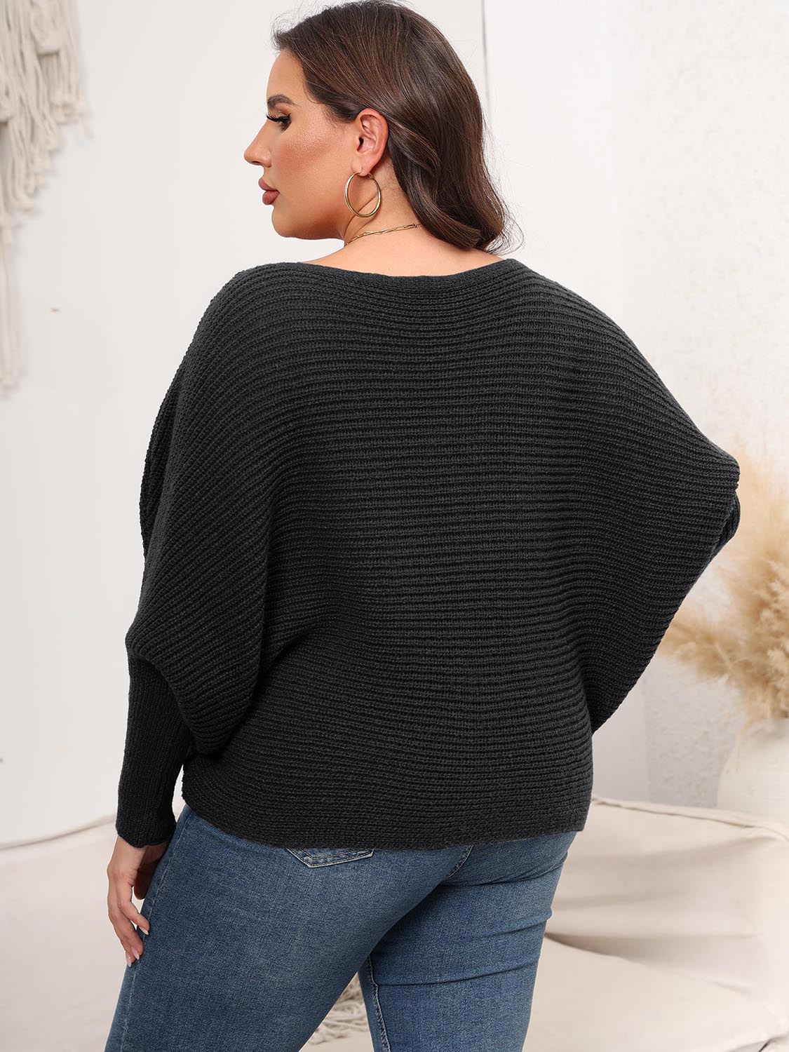 Full Size Boat Neck Batwing Sleeve Sweater - Fashorio