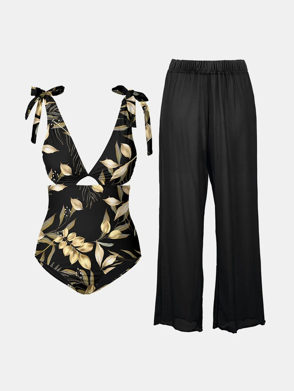 FAM-FAM Black / S FAM-FAM Cutout Tied Bodysuit and Pants Swim Set